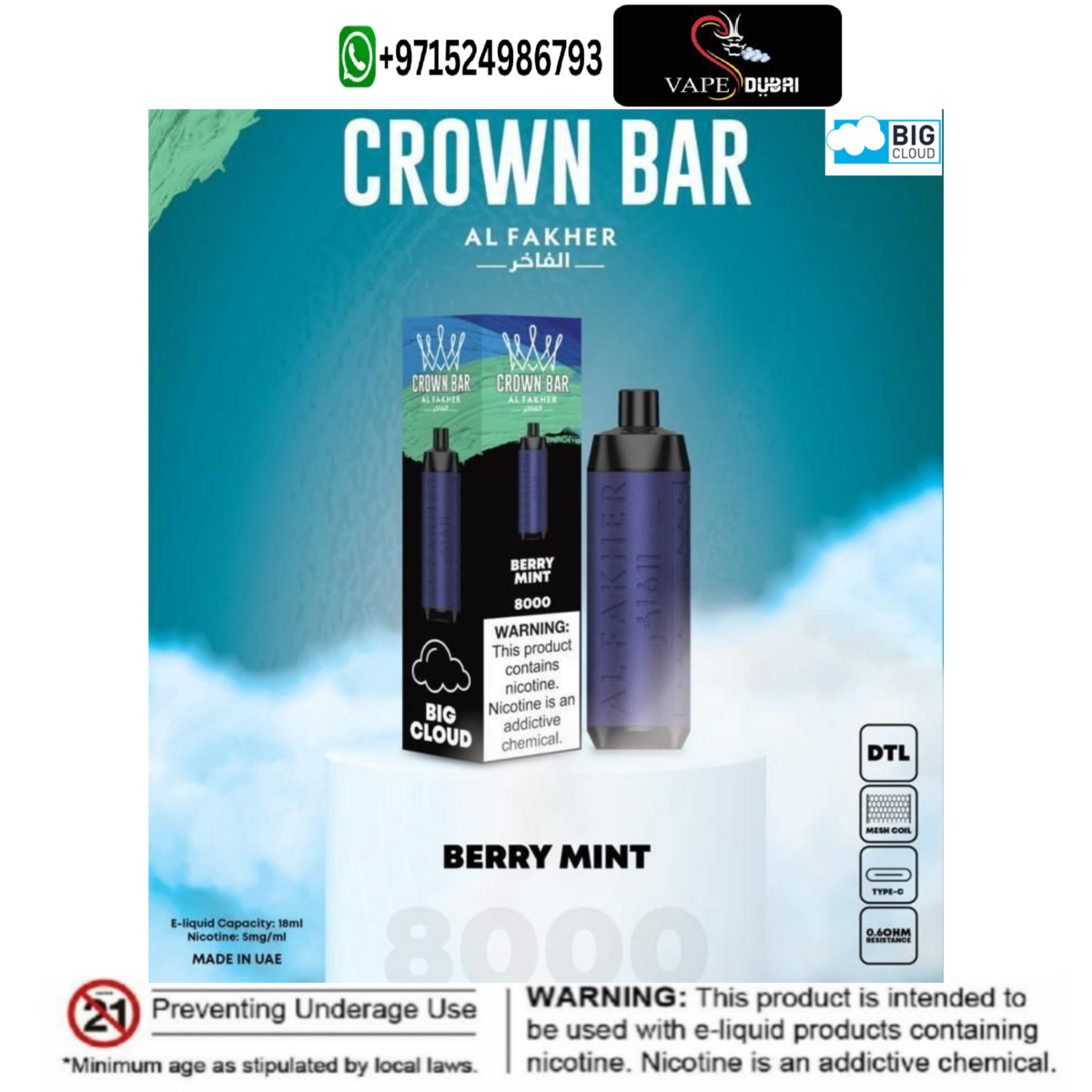 Al Fakher Berry Mint Crown Bar 8000 Puffs BIG CLOUD