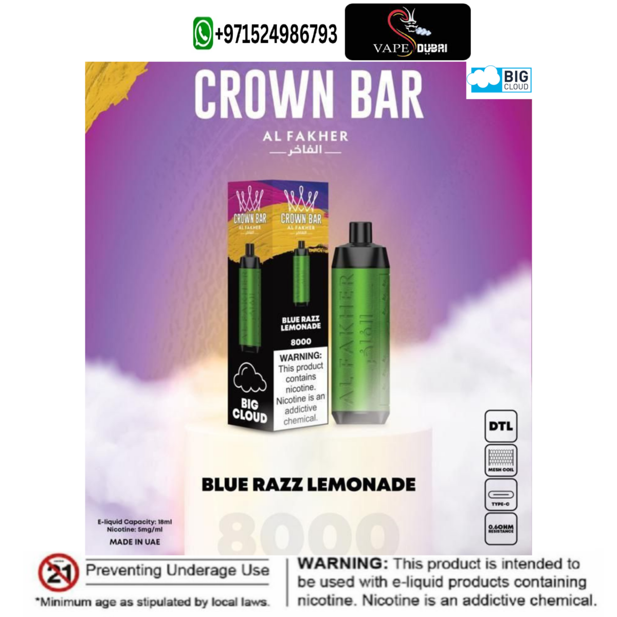 Al Fakher Blue Razz Lemonade Crown Bar Disposable Vape