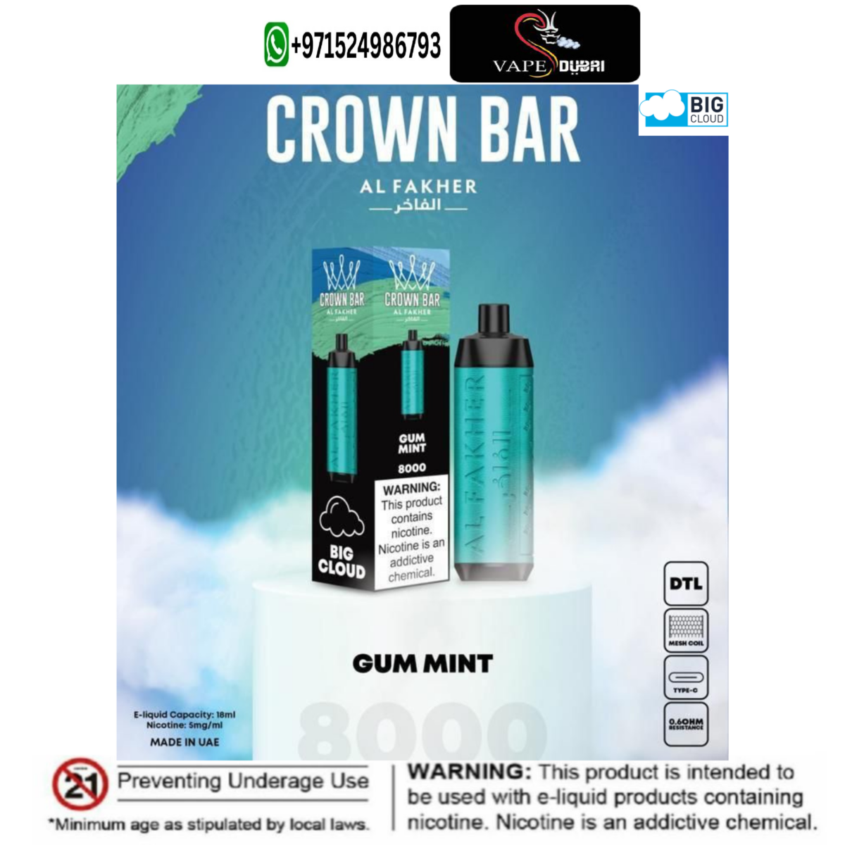 Al Fakher Gum Mint Crown Bar 8000 Puffs DISPOSABLE VAPE