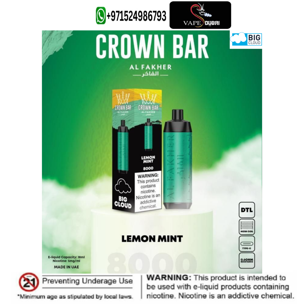 Al Fakher Lemon Mint Crown Bar 8000 Disposable Vape