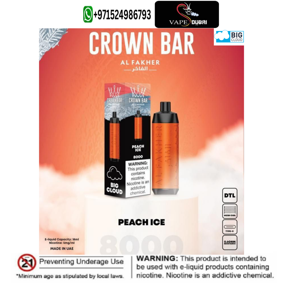 Al Fakher Peach Ice Crown Bar 8000 (BIG CLOUD) Disposable Vape